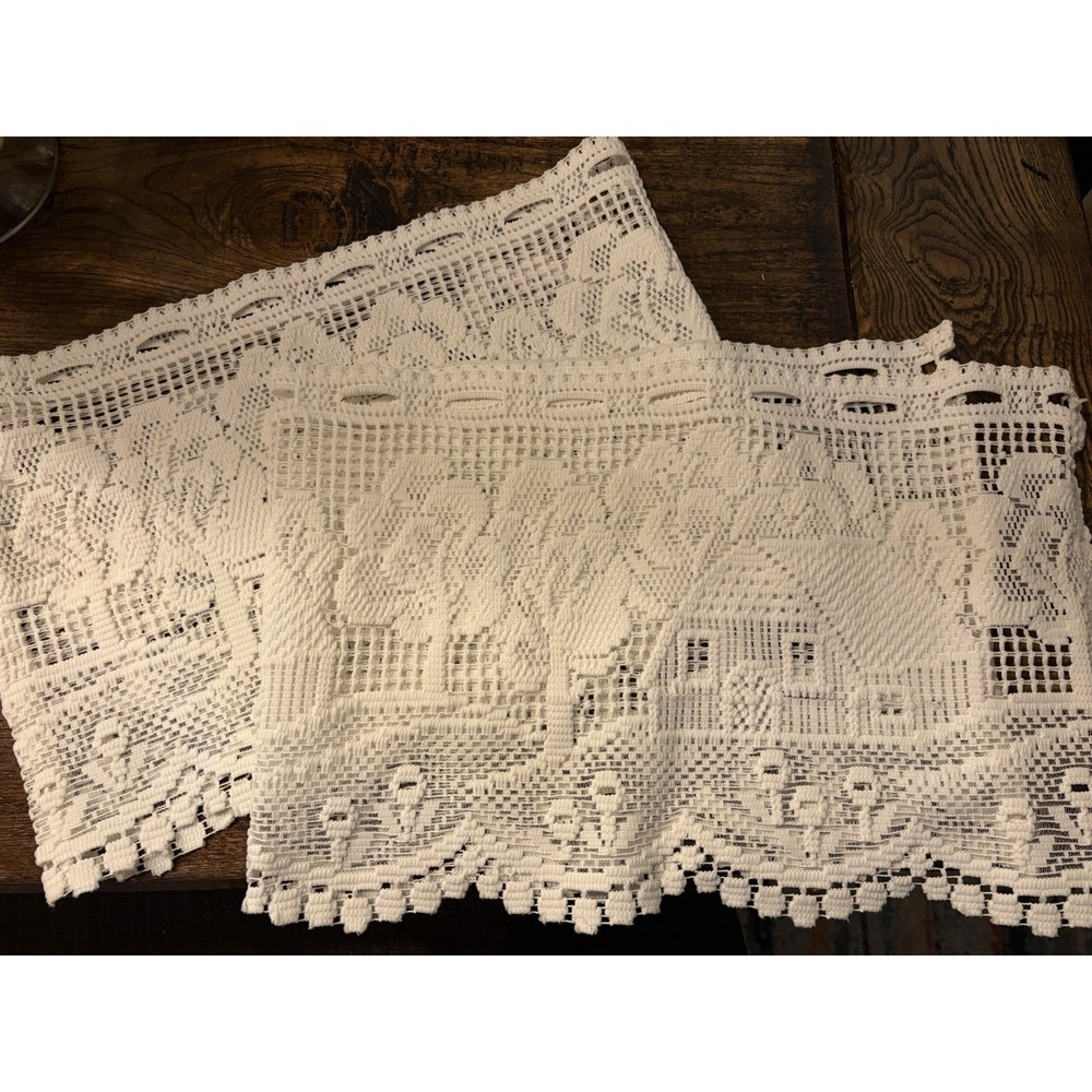Vintage Dutch Lace White Scalloped Valances Set 2 Houses Trees Cottagecore 34x11